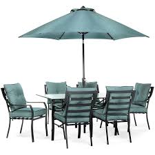 When the elements aren't as kind, keep extra furniture covers and patio storage on hand. Hanover Lavallette 9 Piece Black Frame Patio Set With Blue Hanover Cushion S Included In The Patio Dining Sets Department At Lowes Com