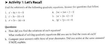 Quadratic Equations Answer