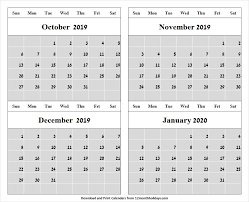 Four Month Calendar October To January 2020 Printable