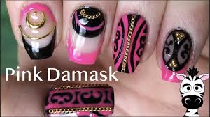 pink black and gold damask gel nail
