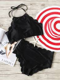 Black Scalloped Trim Halter High Waist Bikini Set