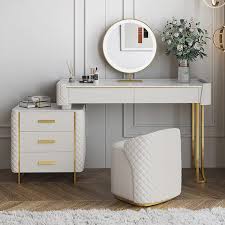 3 piece modern luxury 39 5 in white makeup vanity set sintered stone dressing table with stool and led lighted mirror