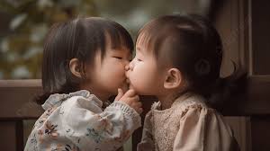two asian little s are kissed on