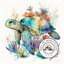 Watercolor Sea Turtle Colorful Flowers