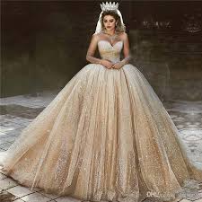 Discount 2020 Arabic Gold Sequins Wedding Dresses Princess Ball Gown Royal Sweetheart Beads Sparkly Princess Bridal Gowns Lace Wedding Dresses Short