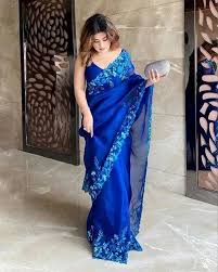 royal blue saree with banglori silk blouse