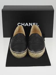 Chanel Black Lambskin Leather Cc Espadrille Flats Size 7 5