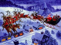 Flying reindeer, or 'flying' reindeer? Christmas With Santa Claus And Reindeer Flying Santa And Reindeer Christmas Scenes Christmas Pictures