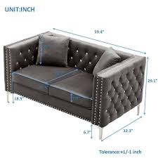 59 In Square Arm 2 Seater Nailhead Trim Sofa In Gray