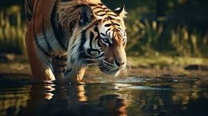 a tiger drinking from a serene water