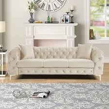 Morden Fort Modern Contemporary 85 In Sofa Couch With Deep On Tufting Dutch Velvet Solid Wood Frame And Iron Legs In Beige