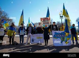 demonstrators hold ukrainian flags