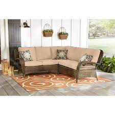 Beacon Park 3 Piece Brown Wicker Outdoor Patio Sectional Sofa With Sunbrella Beige Tan Cushions