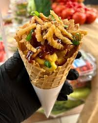 cheese waffle cone with bbq pulled pork