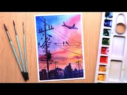 Watercolor Painting Of Sunset Evening