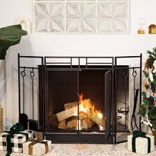 Barton 4 Panel Wrought Iron Fireplace Screen Fire Spark Guard Hinged Doors With 4 Tools