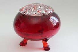 Vintage Ruby Red Glass Bowl W Flower