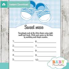 To make the baby shower dirty diaper game all you have to do is cut triangles out of fabric. Blue Baby Shoes Baby Shower Games D171 Baby Printables