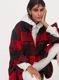 h m women red checked long shirt jacket