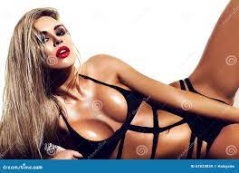 Blond Woman Model in Black Lingerie with Big Tits Stock Image - Image of  colorful, blue: 67823839