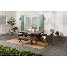 Hampton Bay Rock Cliff 6 Piece Brown Wicker Outdoor Patio Dining Set With Bench And Cushionguard Almond Tan Cushions