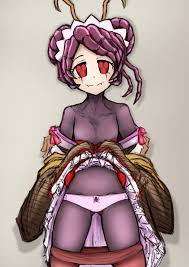 entoma vasilissa zeta, overlord (maruyama), commentary request, highres,  1girl, animal print, antennae, arthropod girl, breasts, brown kimono, brown  pantyhose, closed mouth, clothes lift, clothes pull, colored skin, double  bun, extra pupils, fangs,