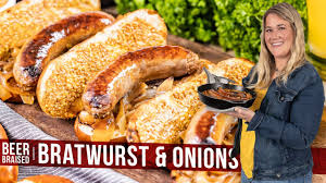beer braised bratwurst and onions you