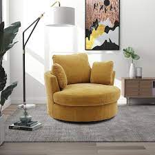 42 2 In W Mustard Chenille Swivel Accent Barrel Chair Oversized Arm Chair With 3 Pillows Yellow