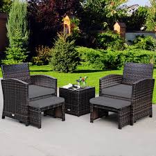costway 5 piece rattan patio wicker furniture set with cushion in gray