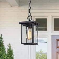 Lnc Nfrimrhd14121a7 Matte Black Rustic Outdoor Hanging Lantern Mini Farmhouse 1 Light Square Outdoor Pendant Light With Seeded Glass Shade