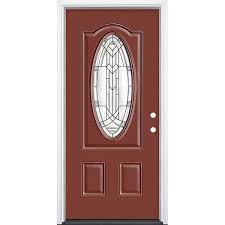 Masonite 36 In X 80 In Ham 3 4 Oval Lite Left Hand Inswing Painted Steel Prehung Front Exterior Door With Brickmold Red Bluff