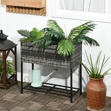 Outsunny Elevated Metal Raised Garden Bed With Rattan Wicker Look Underneath Tool Storage Rack Sophisticated Modern Design Gray Gray
