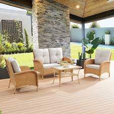2 Piece Yellow Wicker Outdoor Loveseat Set Patio Rattan Loveseat With Beige Cushions And Coffee Table