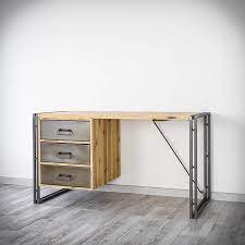This wood and metal desk has two shelves which we've sized to fit desktop printers. Steel Wood Solid Wood Desk With Metal Drawers Industrial Loft