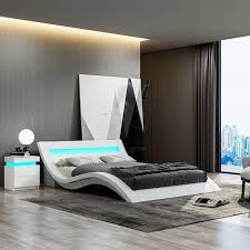 modern white leather bed frame with led
