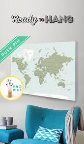 Push Pin World Map Canvas Green Vintage Countries Capitals Usa