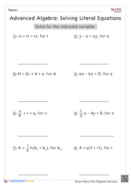 Solving Literal Equations Worksheets