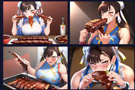 Chun-li eating BBQ ribs, BBQ sauce is all over her clothes face and  hands,messy eater