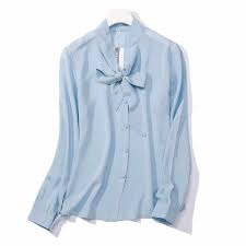 100 Natural Silk Blouses Ol Light Blue Long Sleeve Real Silk Blouse Business Shirt Women Office Wear Bow Shirts Work Blouses Blouses Shirts Aliexpress