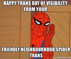 Trans people making fun of themselves, others, and the situations they find themselves in with memes, gifs, and videos. Happy Trans Day Of Visibility From Your Friendly Neighbourhood Spider Trans Psst Spiderman Meme Generator