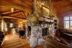 river rock fireplace log house new home