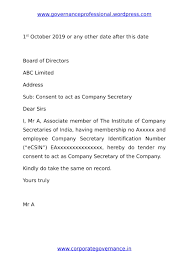 Shelby served as my personal secretary for. Format Consent Letter By Company Secretary After 1st October 2019 Acs Prem Munjal Artificial Intelligence Company Secretary