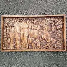 Wood Carving Elephants Wall Art