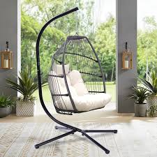 Urtr Modern Patio Folding Hanging Chair Pe Rattan Porch Swing Chair Indoor Outdoor Hammock Egg Chair With Beige Cushion