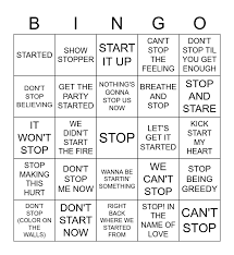 Start And Stop Bingo Card