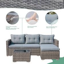 Joivi Brown 3 Pieces Wicker Outdoor Sectional Set With Gray Cushions