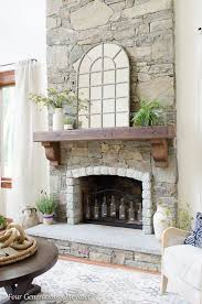 Stone Fireplace Dark Brown Wood Mantel