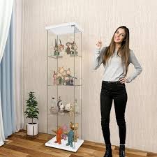White Glass Display Cabinet 4 Shelves With Door Floor Standing Curio Bookshelf For Living Room Office