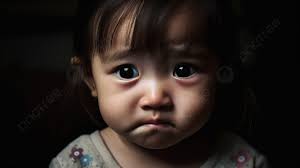 the sad face of a child is in focus