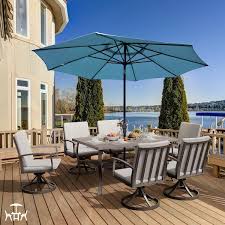 Egeiroslife Brown Swivel Rockers Chairs 7 Piece Aluminum Outdoor Dining Set With Rectangle Table And Gray Cushions
